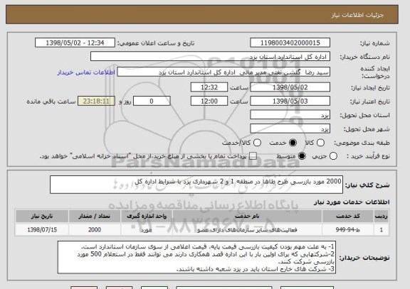 استعلام 2000 مورد بازرسی طرح طاها در منطقه 1 و 2 شهرداری یزد با شرایط اداره کل