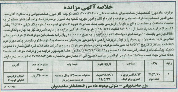 مزایده، مزایده ملک مسکونی به پلاک ثبتی 2153.60 بخش 4 شیراز
