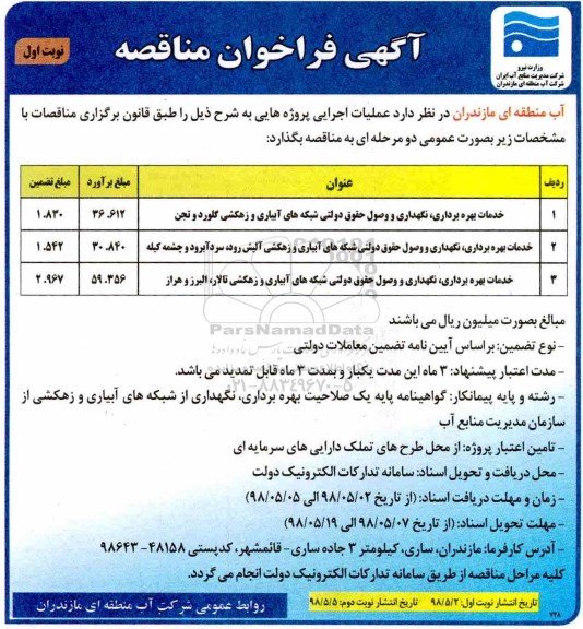 فراخوان مناقصه, فراخوان مناقصه خدمات بهره برداری، نگهداری و وصول حقوق دولتی شبکه های آبیاری و زهکشی و...