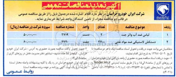 تمدید مناقصات عمومی, مناقصه خرید لباس ضد آب واتر جت ... 