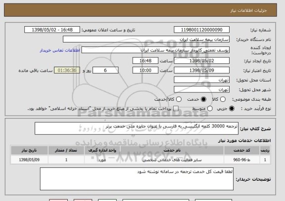 استعلام ترجمه 30000 کلمه انگلیسی به فارسی با عنوان جایزه ملی خدمت برتر 