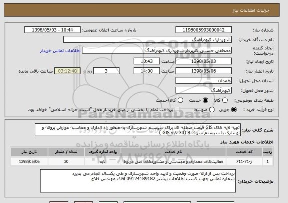 استعلام تهیه لایه های GIS قیمت منطقه ای برای سیستم شهرسازی به منظور راه اندازی و محاسبه عوارض پروانه و نوسازی با سیستم سرای 8 (30 لایه GIS ) 