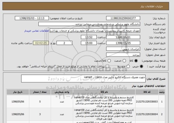 استعلام جهت مصرف دستگاه الکترو آنالیزر مدل i-smart , i sens