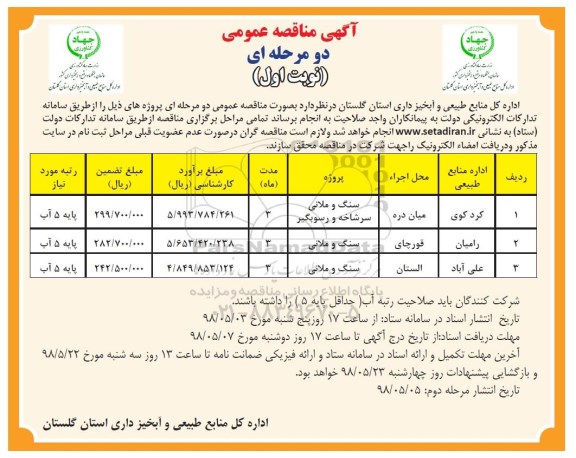 مناقصه, مناقصه  سنگ و ملانی سرشاخه و رسوبگیر و...