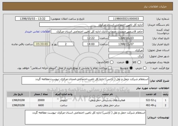 استعلام استعلام شرکت حمل و نقل ( آژانس) اداره کل تامین اجتماعی استان مرکزی -پیوست مطالعه گردد