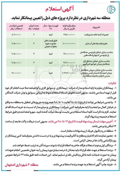 آگهی استعلام, استعلام تعمیرات آبنما خانه مشروطیت و ...