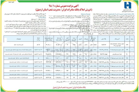 آگهی مزایده ، مزایده تعدادی از املاک مسکونی - صنعتی 