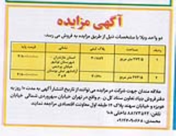 مزایده , مزایده فروش دو واحد ویلا به مساحت 273.5 مترمربع