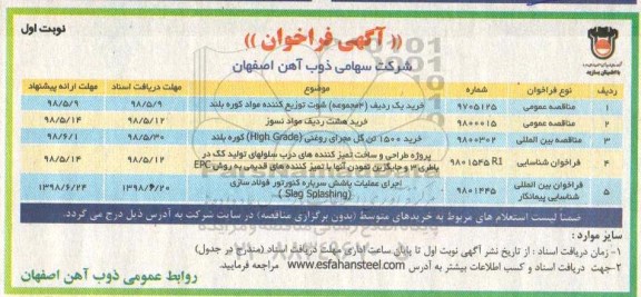 مناقصه, مناقصه خرید یک ردیف (4 مجموعه) شوت توزیع کننده مواد کوره بلند... 