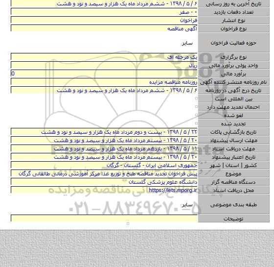 پیش فراخوان تجدید مناقصه طبخ و توزیع غذا مرکز آموزشی درمانی طالقانی گرگان