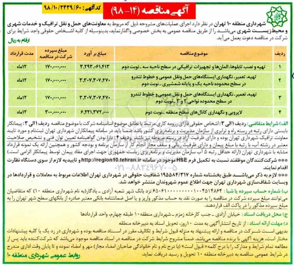 آگهی مناقصه عمومی , مناقصه تهیه و نصب تابلوها، المان ها و تجهیزات و ... 
