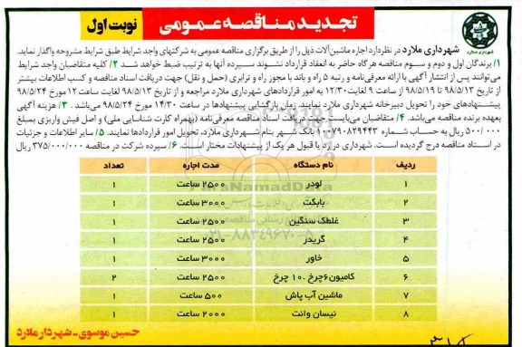 تجدید مناقصه , تجدید مناقصه اجاره ماشین آلات