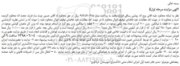 مزایده، مزایده فروش حدود 500 قطعه با میانگین وزن 700 گرم و تعداد بچه ماهی موجود در استخر 3000 قطعه