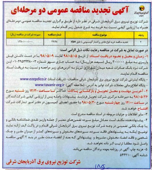 آگهی مناقصه عمومی دو مرحله ای،تجدید مناقصه خرید انواع هادی روکشدار