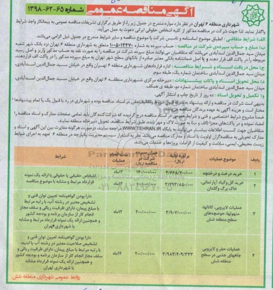 آگهی مناقصه عمومی , مناقصه خرید گل و گیاه آپارتمانی،  خاک برگ و گلدان