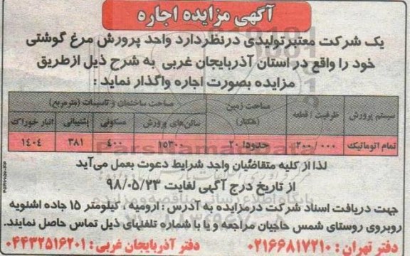 مزایده, مزایده اجاره واحد پرورش مرغ گوشتی