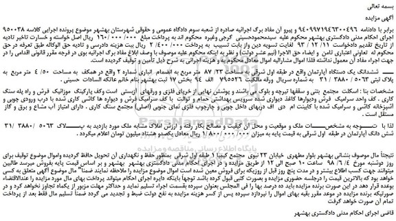 مزایده، مزایده فروش ششدانگ یک دستگاه آپارتمان