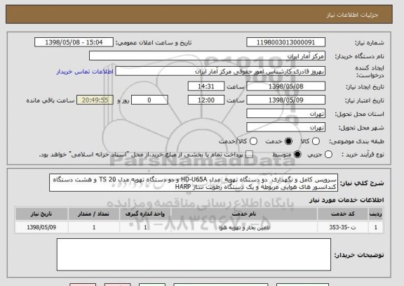 استعلام سرویس کامل و نگهداری  دو دستگاه تهویه  مدل HD-U65A و دو دستگاه تهویه مدل TS 20 و هشت دستگاه کندانسور های هوایی مربوطه و یک دستگاه رطوبت ساز HARP 