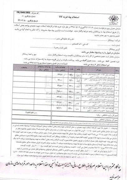 استعلام, استعلام خرید غذا در کارخانه