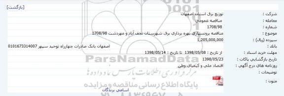 مناقصه, مناقصه برونسپاری بهره برداری برق
