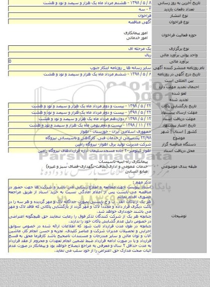 ۲۲/۹۸ پشتیبانی از خدمات فنی، کارگاهی و تاسیساتی نیروگاه