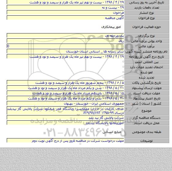 غذای کارکنان در ادارات مهمانسرا وباشگاه فجر میانکوه شرکت پالایش گاز بیدبلند درسال ۹۹-۱۳۹۸ ۸۲۹/۹۸/۶۸۳