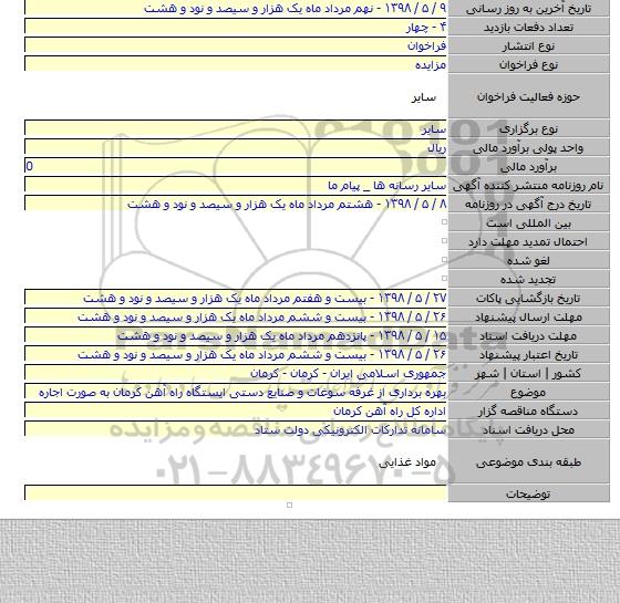 بهره برداری از غرفه سوغات و صنایع دستی  ایستگاه راه آهن کرمان به صورت اجاره