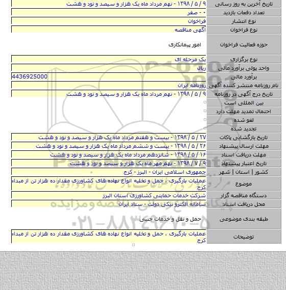 عملیات بارگیری ، حمل و تخلیه انواع نهاده های کشاورزی مقدار ده هزار تن از مبداء کرج