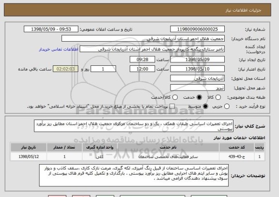 استعلام اجرای تعمیرات اساسی طبقات همکف ، یک و دو ساختمان مرکزی جمعیت هلال احمر استان مطابق ریز برآورد پیوستی