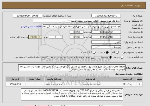 استعلام اجرای عملیات بهسازی طرح هادی روستاهای تل کشی (1)، تل کشی (2)، رمی جان، دولت آباد، حسن آباد کریمی شهرستان لارستان (از محل اعتبارات غیر عمرانی)