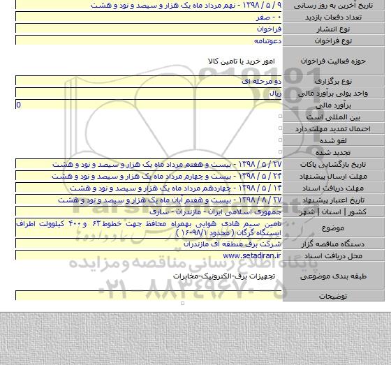 تامین سیم هادی هوایی بهمراه محافظ جهت خطوط ۶۳ و ۴۰۰ کیلوولت اطراف ایستگاه گرگان ( محدود ۹۸/۱-۱۶ )