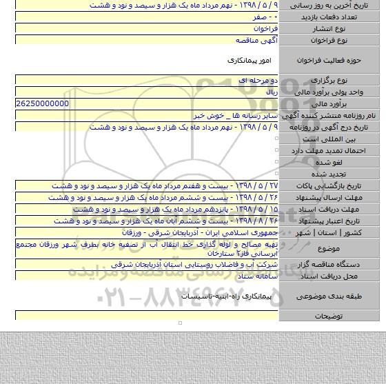 تهیه مصالح و لوله گذاری خط انتقال آب از تصفیه خانه بطرف شهر ورزقان مجتمع آبرسانی فاز۲ ستارخان