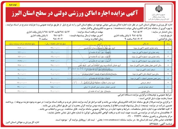 مزایده , مزایده اجاره اماکن ورزشی - نوبت دوم 
