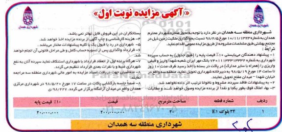 آگهی مزایده مزایده واگذاری زمین مساحت 40 مترمربع نوبت اول