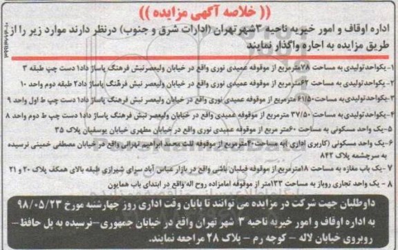 مزایده, مزایده واگذاری به اجاره یک واحد تولید...