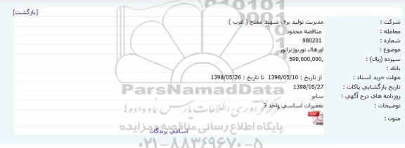 مناقصه, مناقصه اورهال توربو ژنراتور 