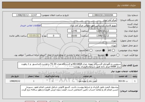 استعلام سرویس و نگهداری 2دستگاه تهویه  مدل HD-U65A و 2دستگاه مدل TS 20 و هشت کندانسور  و 1 رطوبت ساز HARP مرکز داده طبق شرایط و قرارداد پیوست