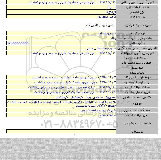 تامین تجهیزات و عملیات اجرایی واریانت و تغییر مسیر برجهای در معرض رانش در خطوط ۲۳۰و۶۳ استان کردستان