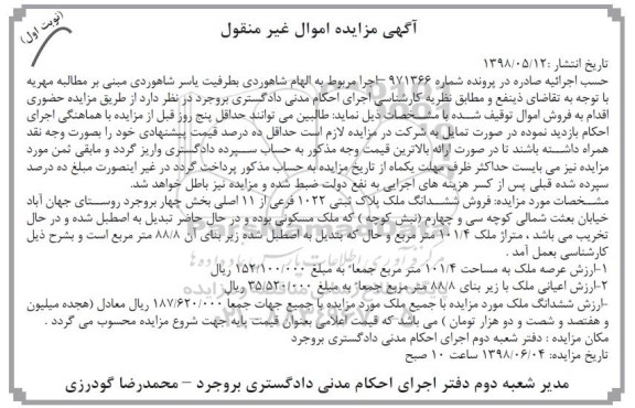 مزایده ششدانگ ملک پلاک ثبتی 1022 فرعی