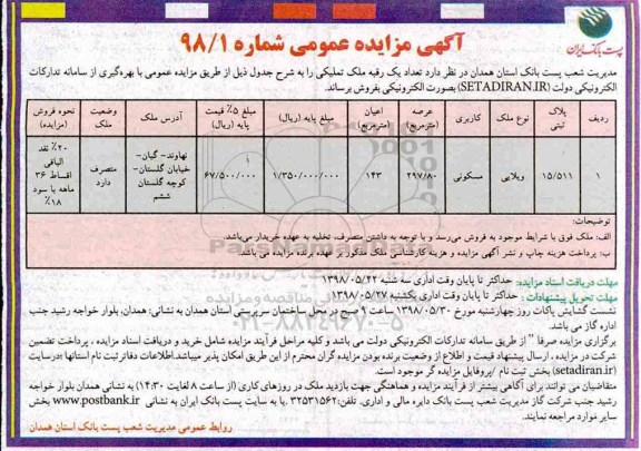 آگهی مزایده مزایده فروش یک رقبه ملک تملیکی
