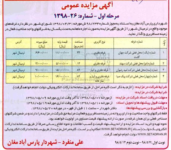 مزایده, مزایده اجاره غرفه های مرحله اول- نوبت دوم