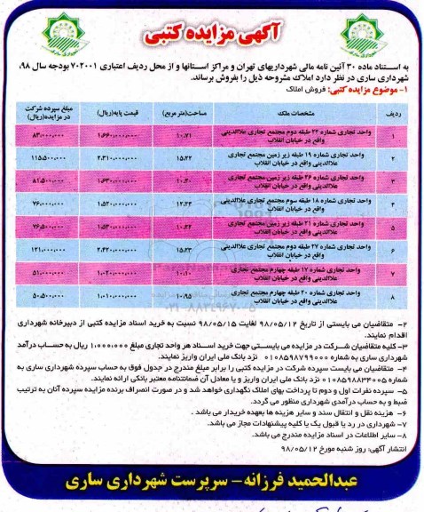 آگهی مزایده مزایده فروش املاک با کاربری تجاری 