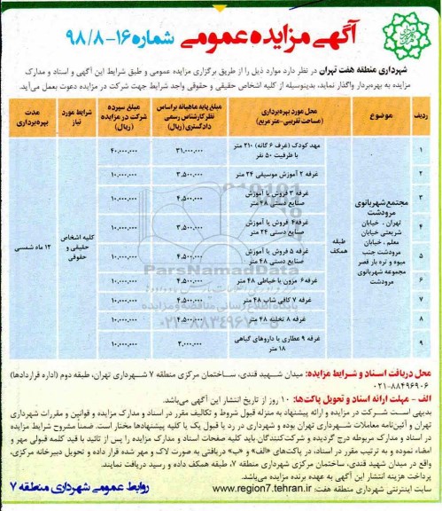 مزایده عمومی, مزایده واگذاری مجتمع شهربانوی ...
