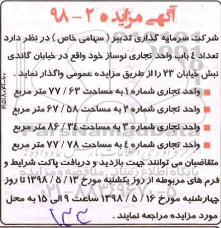 مزایده, مزایده اجاره تعداد 4 باب واحد تجاری نوساز