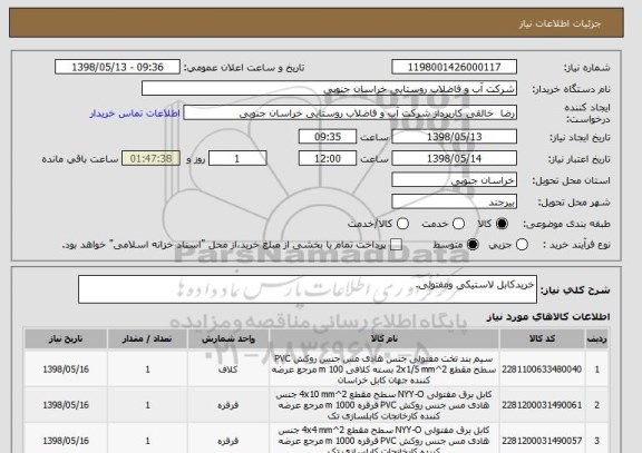 استعلام خریدکابل لاستیکی ومفتولی.