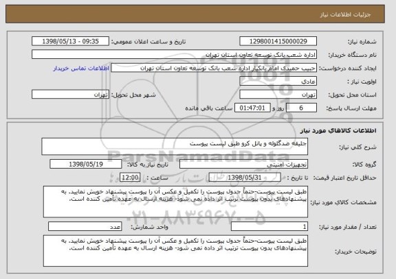 استعلام جلیقه ضدگلوله و پانل کرو طبق لیست پیوست