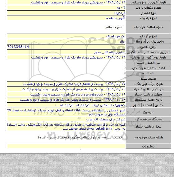 امور خدماتی  و تنظیفاتی پست های انتقال و فوق توزیع استان کرمانشاه به تعداد ۴۷ ایستگاه برق به صورت حج