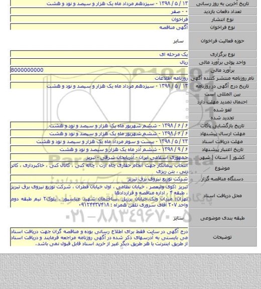 انتخاب پیمانکار  جهت انجام حفاری چاه ارت ، چاله کنی ، کانال کنی ، خاکبرداری ، کاتر زنی ، بتن ریزی