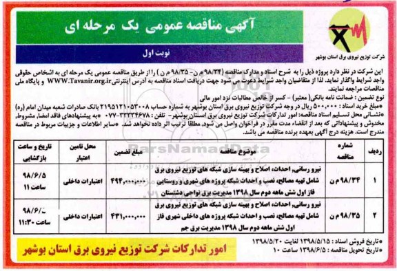 مناقصه , مناقصه اصلاح و  بهینه سازی شبکه های توزیع  نیروی برق 