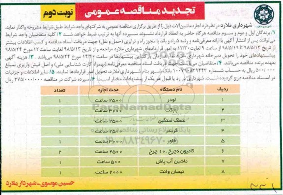 تجدید مناقصه , تجدید مناقصه اجاره ماشین آلات - نوبت دوم 
